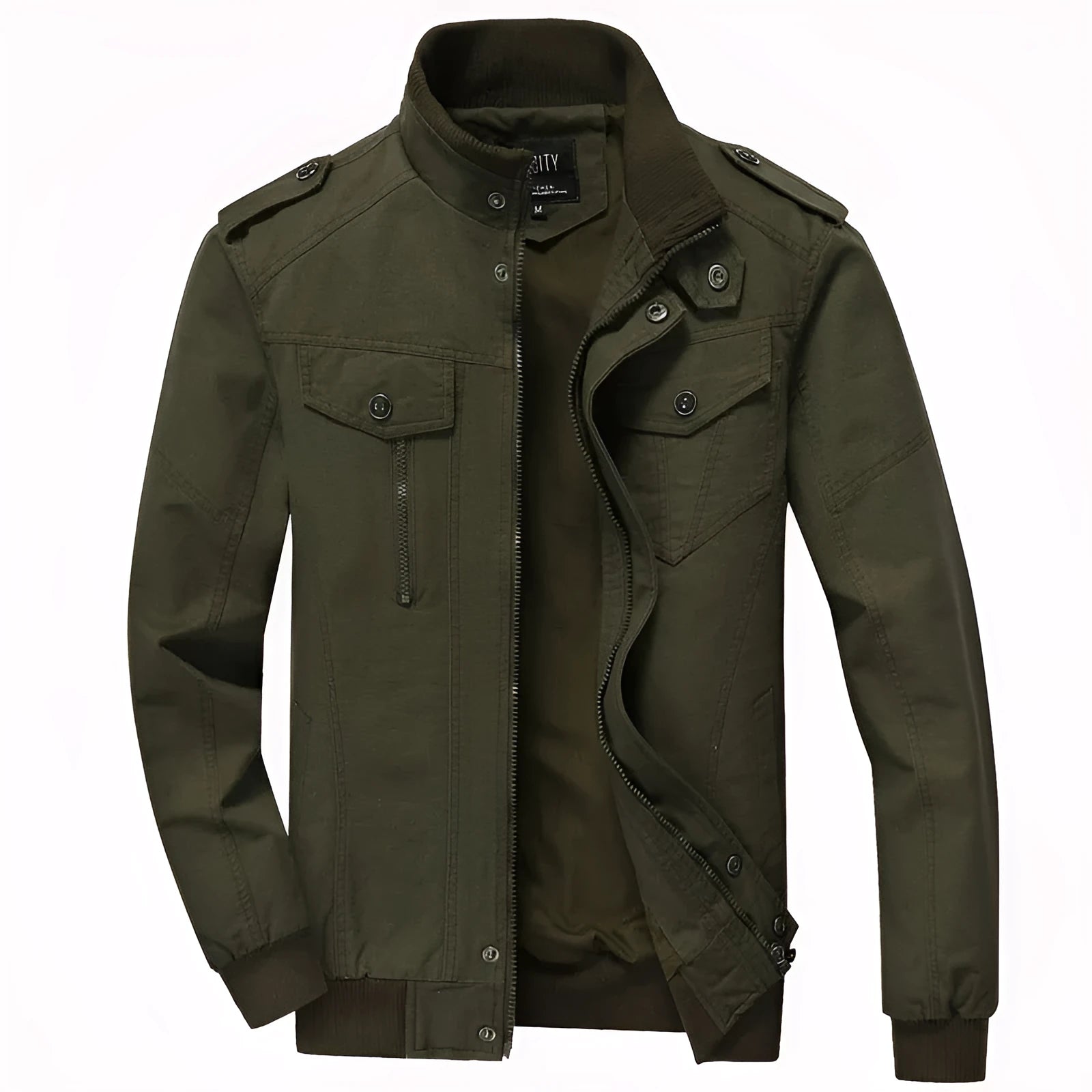 Men's khaki cotton military pilot bomber jacket with badge and side pockets