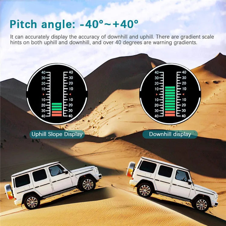 GPS GO 2 black car heads-up display showing speed, gradient angles, and compass on a colour LCD screen.