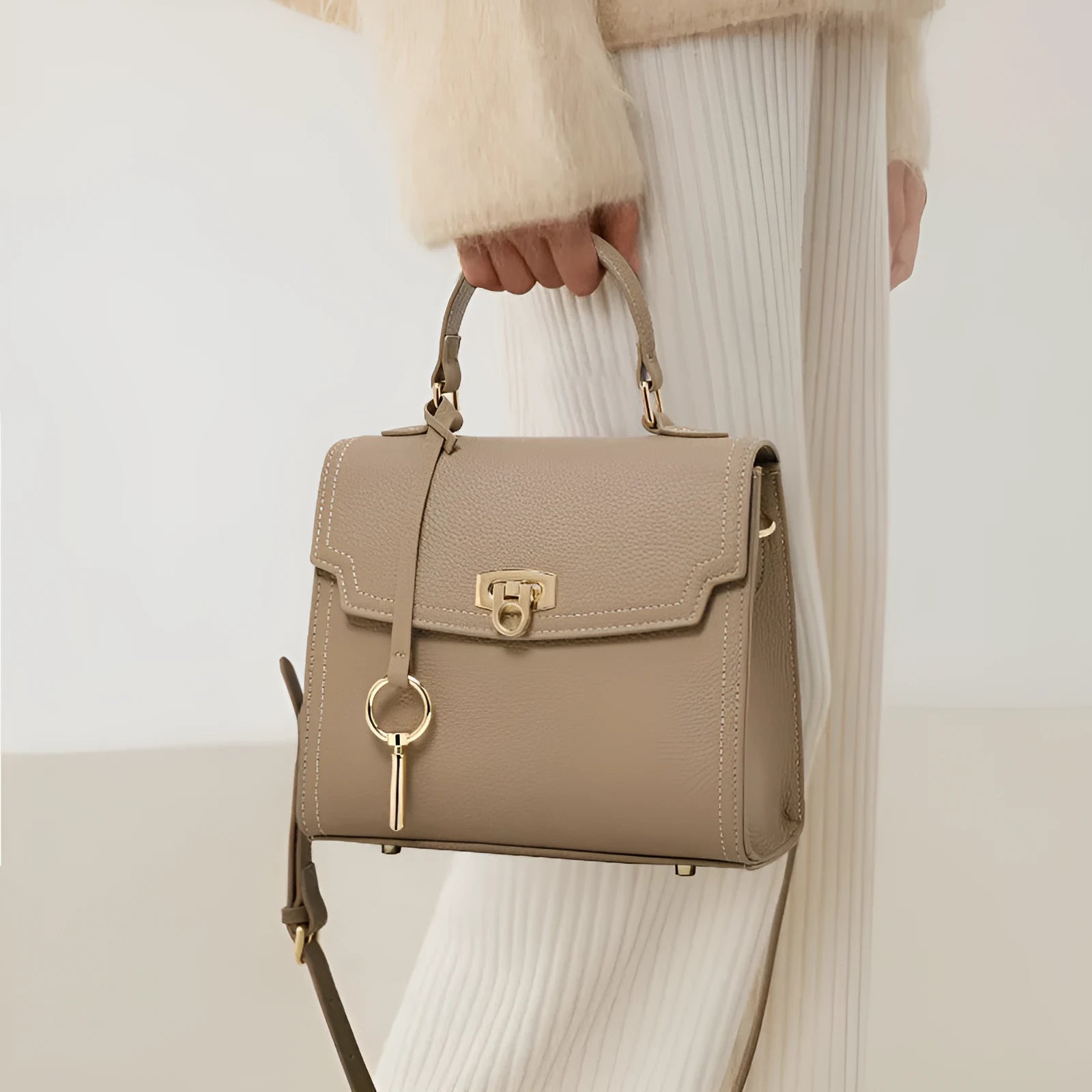 Elephant grey genuine leather vintage lock handbag with crossbody strap and square shape