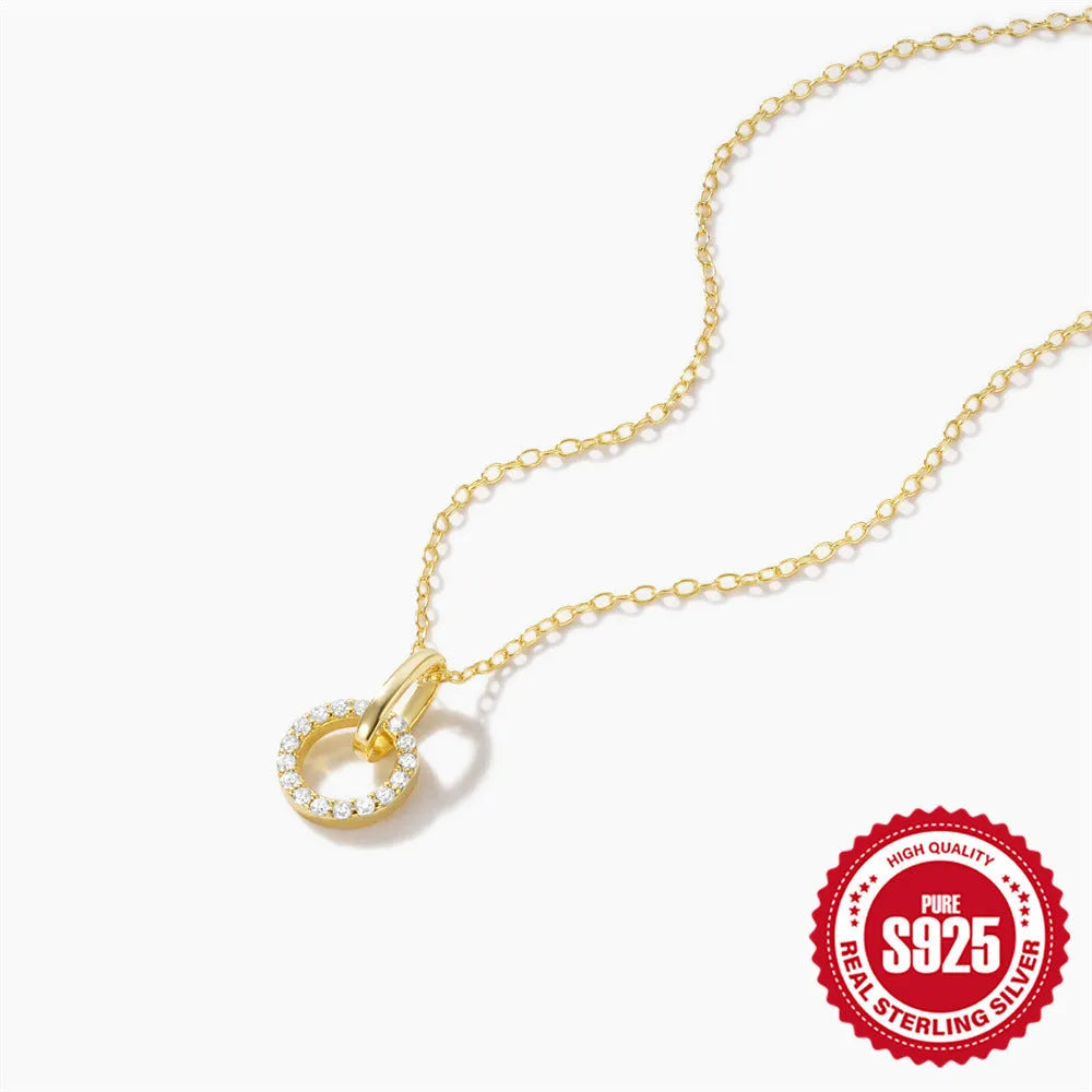 Gold tone S925 sterling silver clavicle chain with geometric zircon pendant on adjustable 21-50cm chain