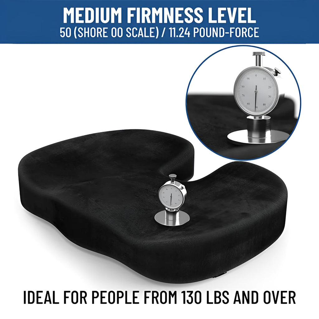 Black flannel U-shaped memory foam seat cushion for office chair comfort.