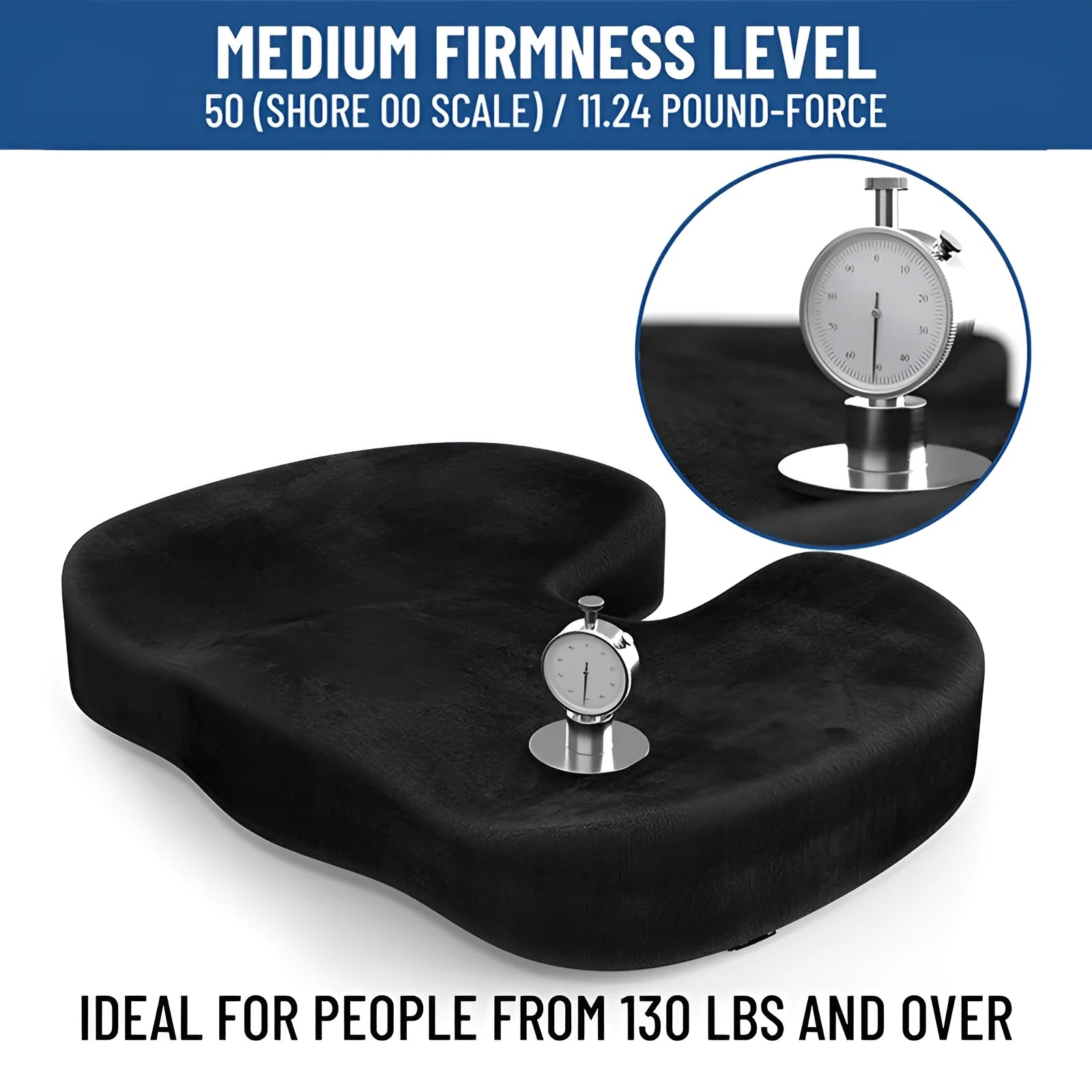 Black flannel U-shaped memory foam seat cushion for office chair comfort.