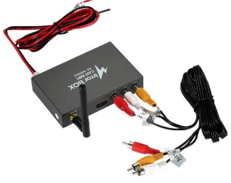 Black car mirror link box host unit with connecting AV cable, power cable, and antenna.