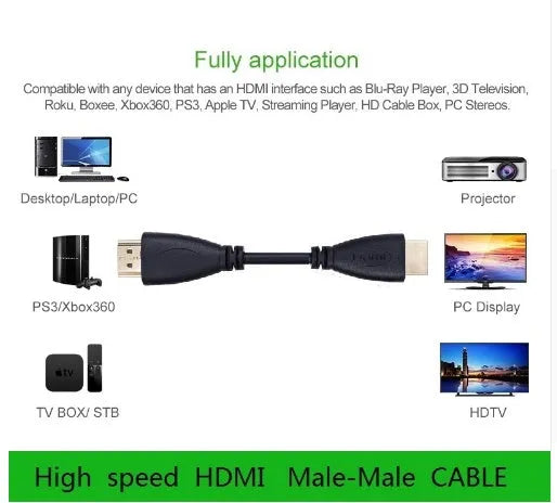Gold-plated HDMI cable with male connectors shown at various lengths for HDTV and game console use.