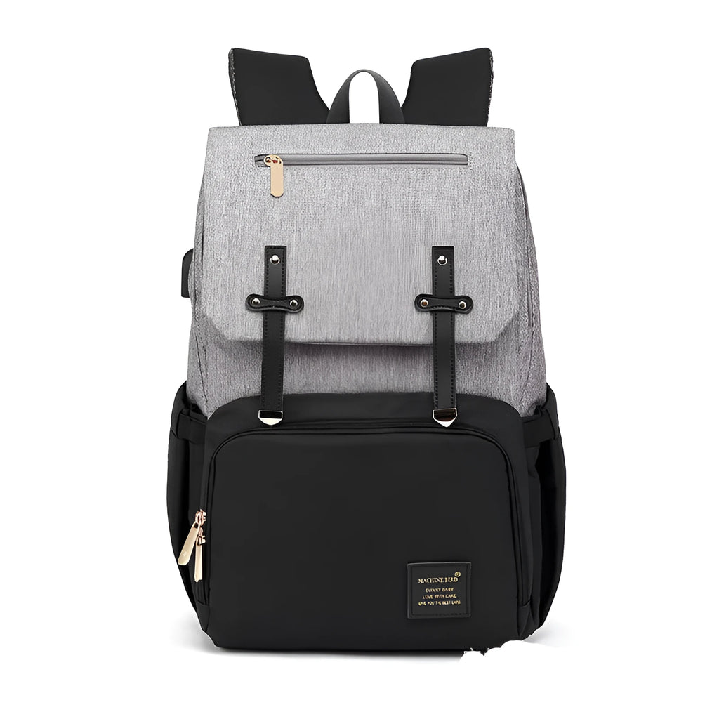 Double shoulder mummy bag backpack in grey white with bottle, Oxford fabric, tissue pocket and stroller hooks