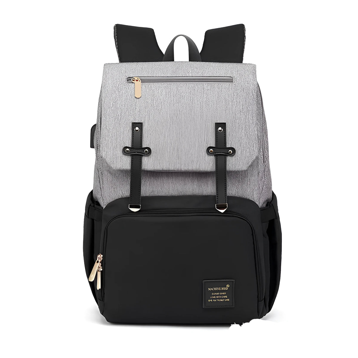 Double shoulder mummy bag backpack in grey white with bottle, Oxford fabric, tissue pocket and stroller hooks