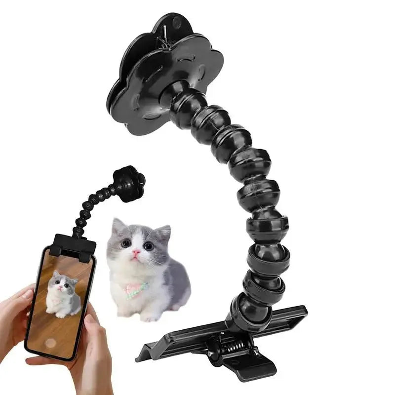 Black pet photography clip holder with rotating attachment for mobile phones and pet treats