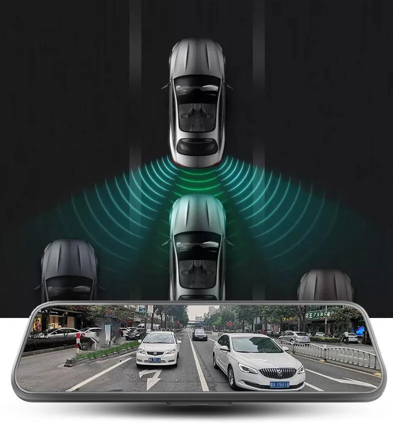 Dual cameras driving recorder with 10-inch 2.5D full glass screen, 170-degree wide-angle lens, and rearview mirror mount.
