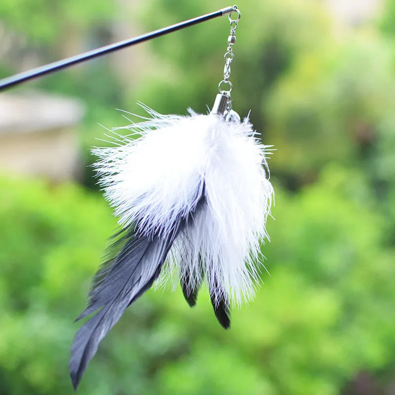 Funny cat stick with 14cm wooden handle, 66cm flexible rod, 80cm total length, fur head, feather and bell