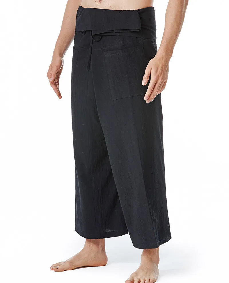 Linen blend drawstring harem pants in solid colour, loose straight-leg style for yoga and leisure