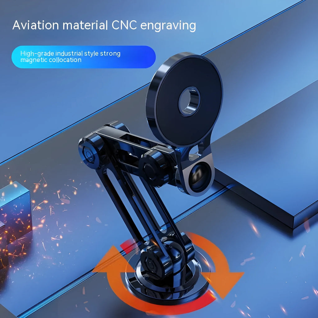 Black magnetic car phone holder with suction base and 360-degree rotation mechanism for universal smartphone mounting