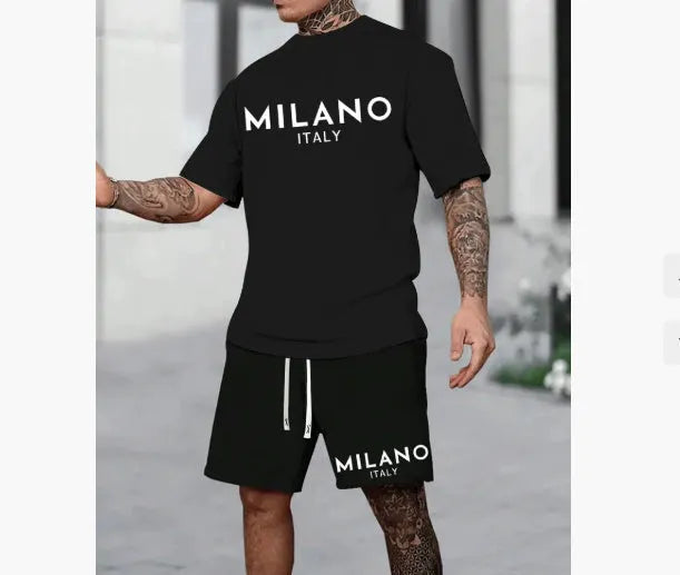 Polyester short sleeve suit set with round neck top and matching shorts in various colours