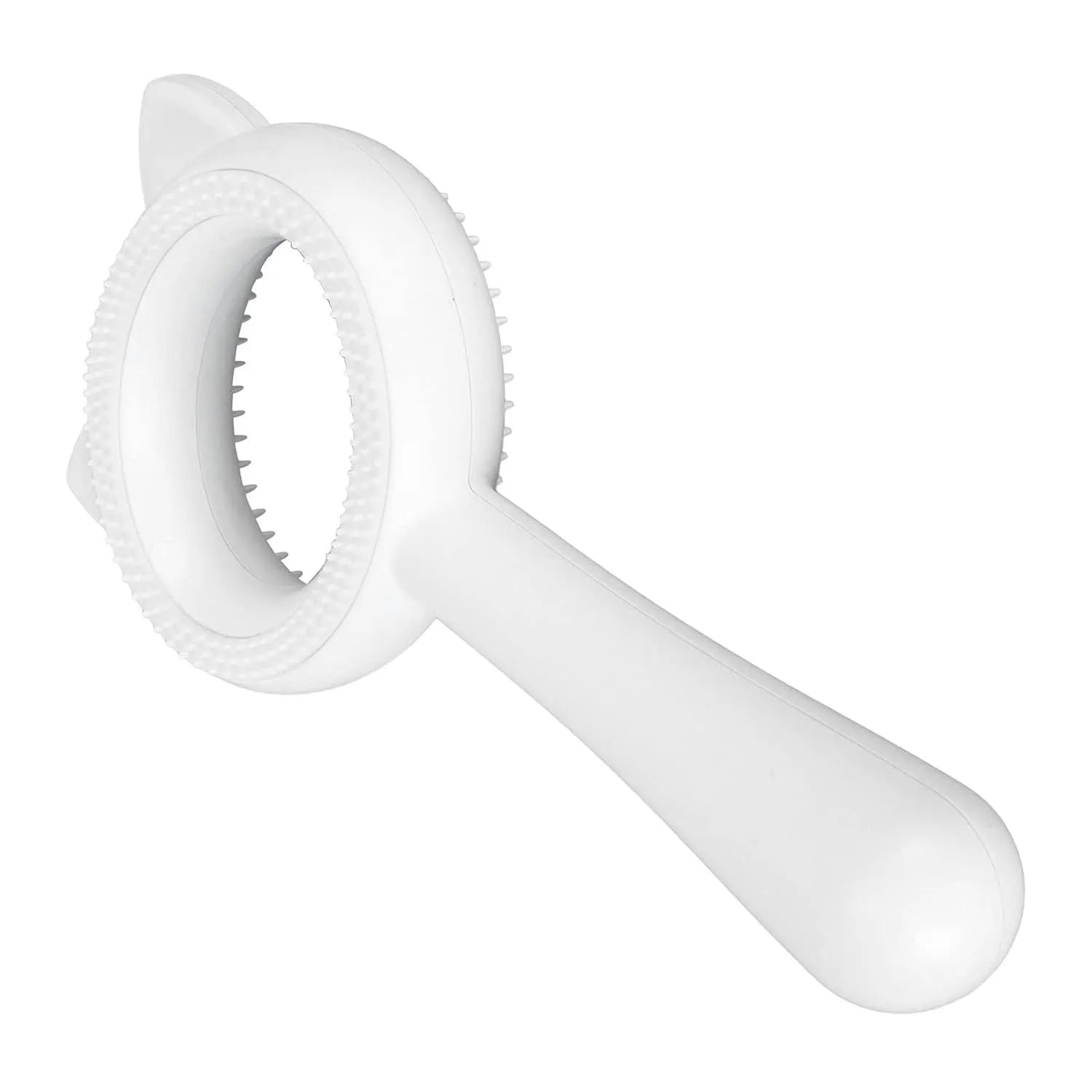 Blue and white double-sided pet grooming brush with a comfortable handle for cats and dogs.