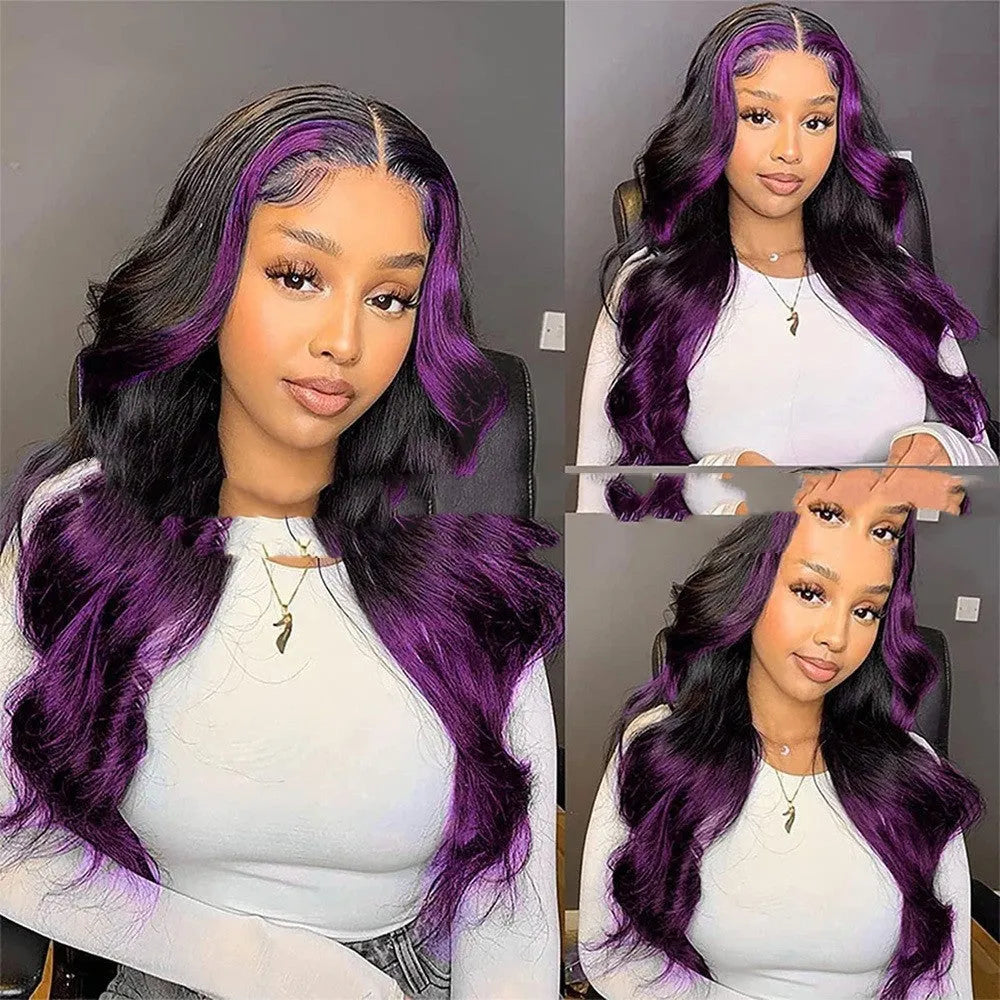Gradient purple human hair lace front wig with Ruili waves on a mannequin head.