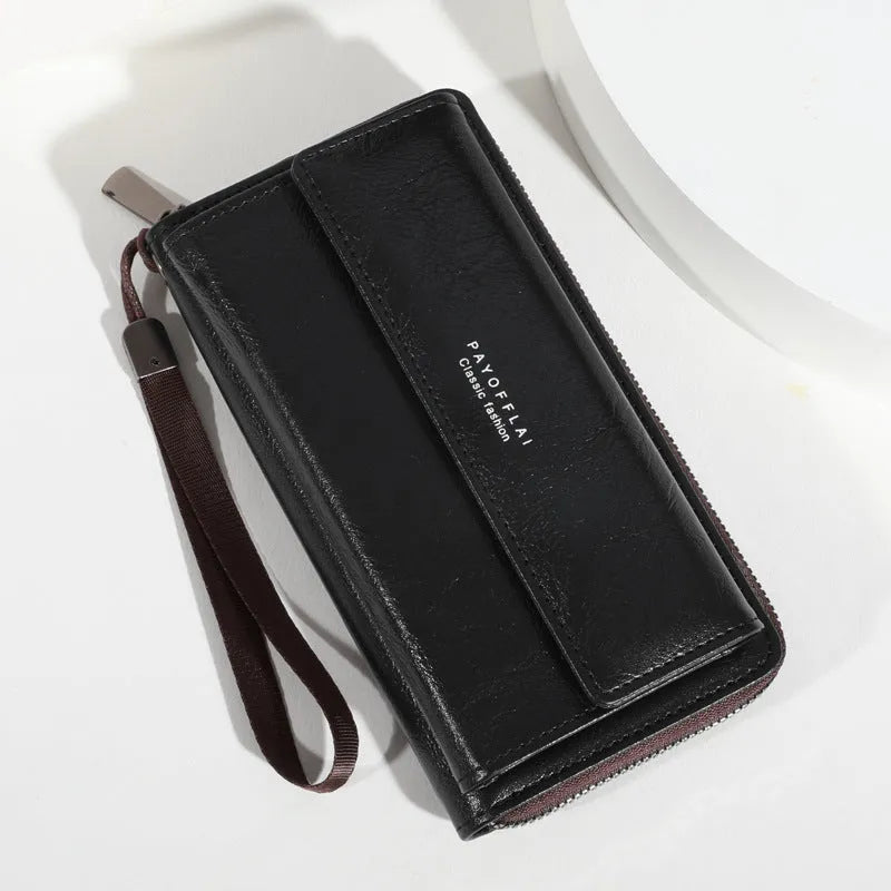 Men's PU leather wallet with multiple card slots in black, brown, and coffee colours showing compact 19cm design