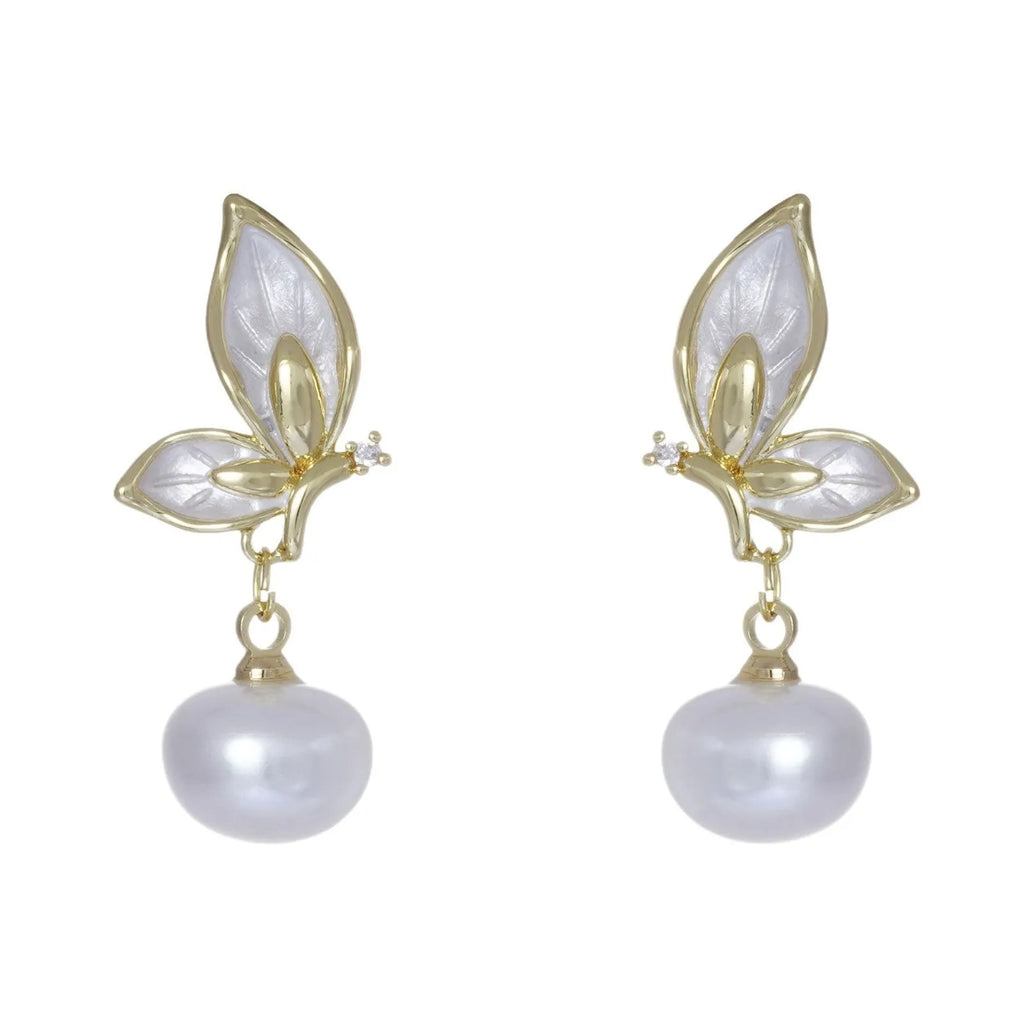 Copper butterfly earrings for women with electroplated finish and zircon painting details