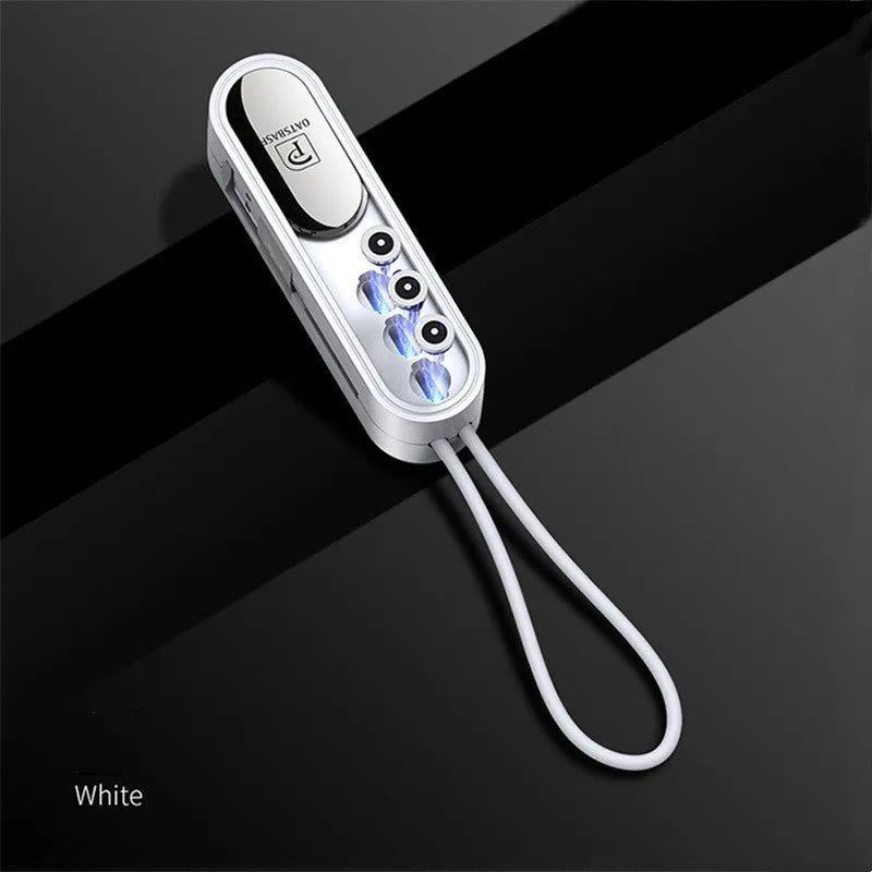 Black magnetic three-in-one USB charging cable with three connector types, 0.4m long.