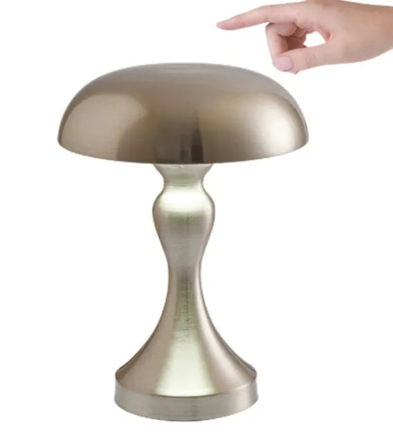 Metallic USB rechargeable LED desk lamp with touch control showing three colour light options.