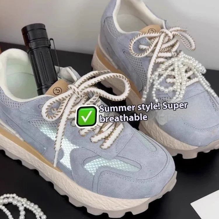Women's platform sneakers in blue, apricot or yellow with 3-5cm mid heel, synthetic leather upper and rubber sole.