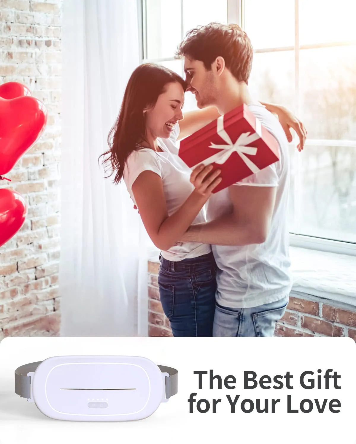 White cordless uterine warming device for menstrual pain relief on a grey background.