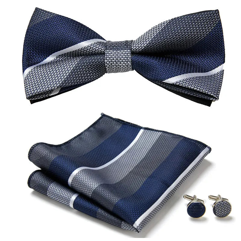 Floral Bow Tie Set of Three Pieces Polyester Yarn Hand-Sewn 12cm by 6cm Bow Tie with Matching Pocket Square 25x25cm and Cufflinks 1.5cm for Men's Formal Wedding and Party Accessories Multistyle Options