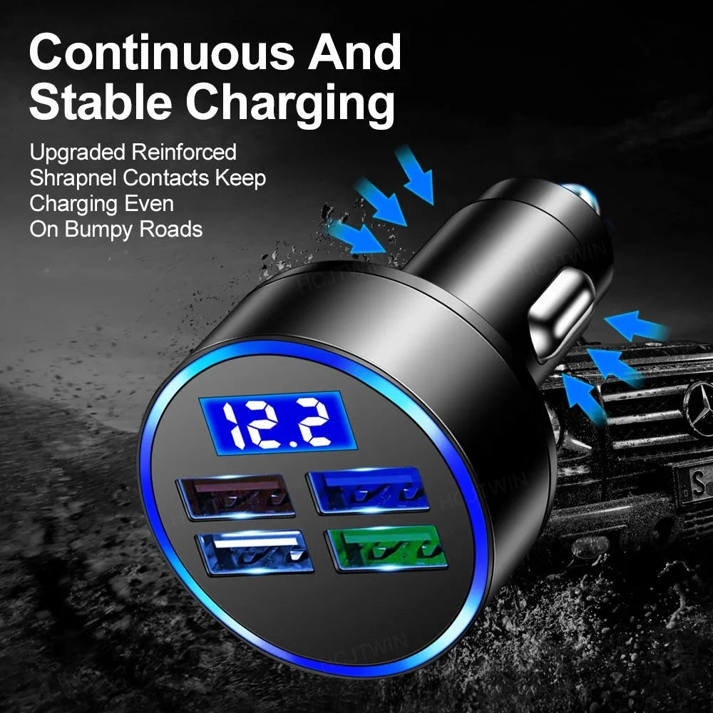 Black 4-port USB car charger with cigarette lighter connection for vehicle charging