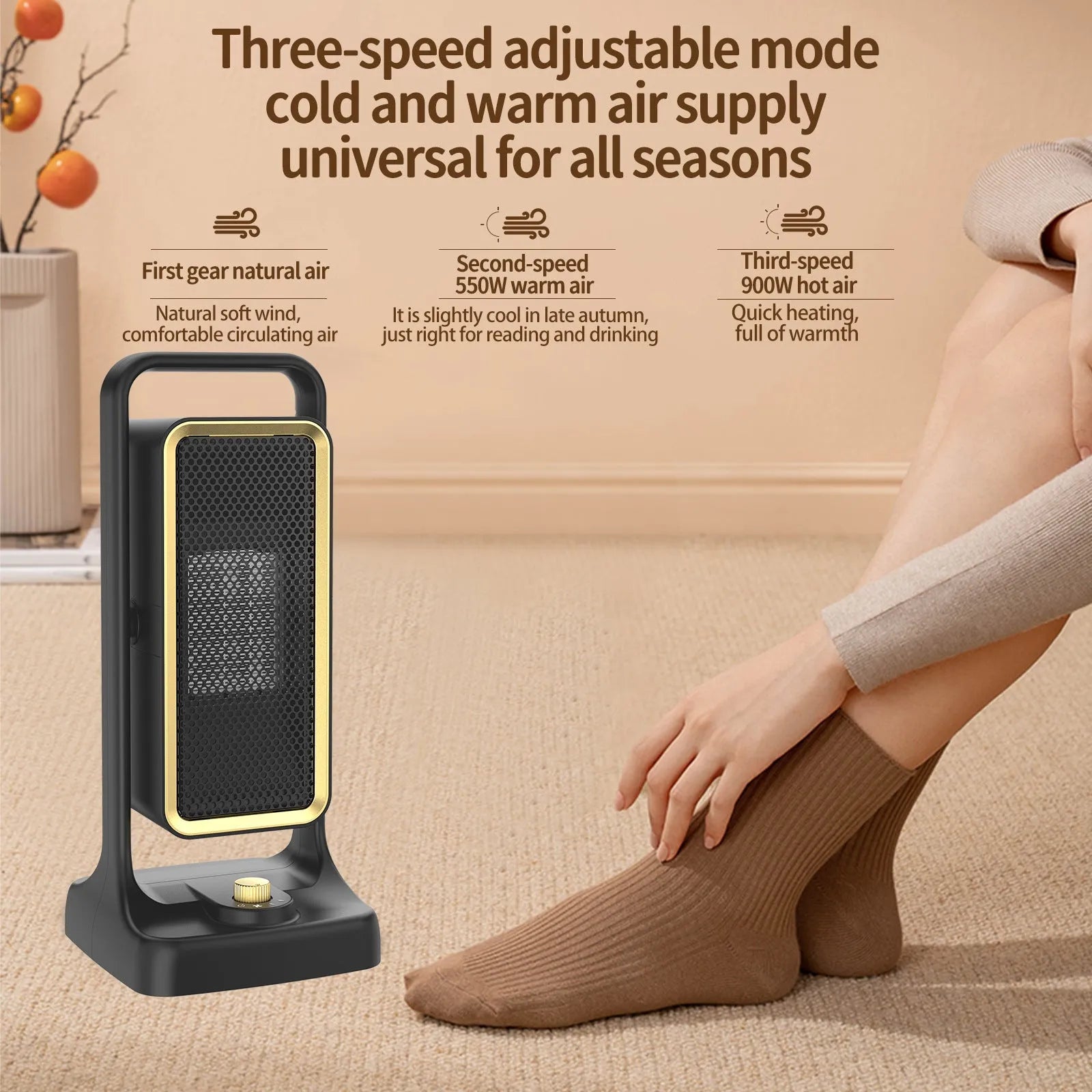 Black PTC ceramic desktop air heater with control knob on a wooden table.