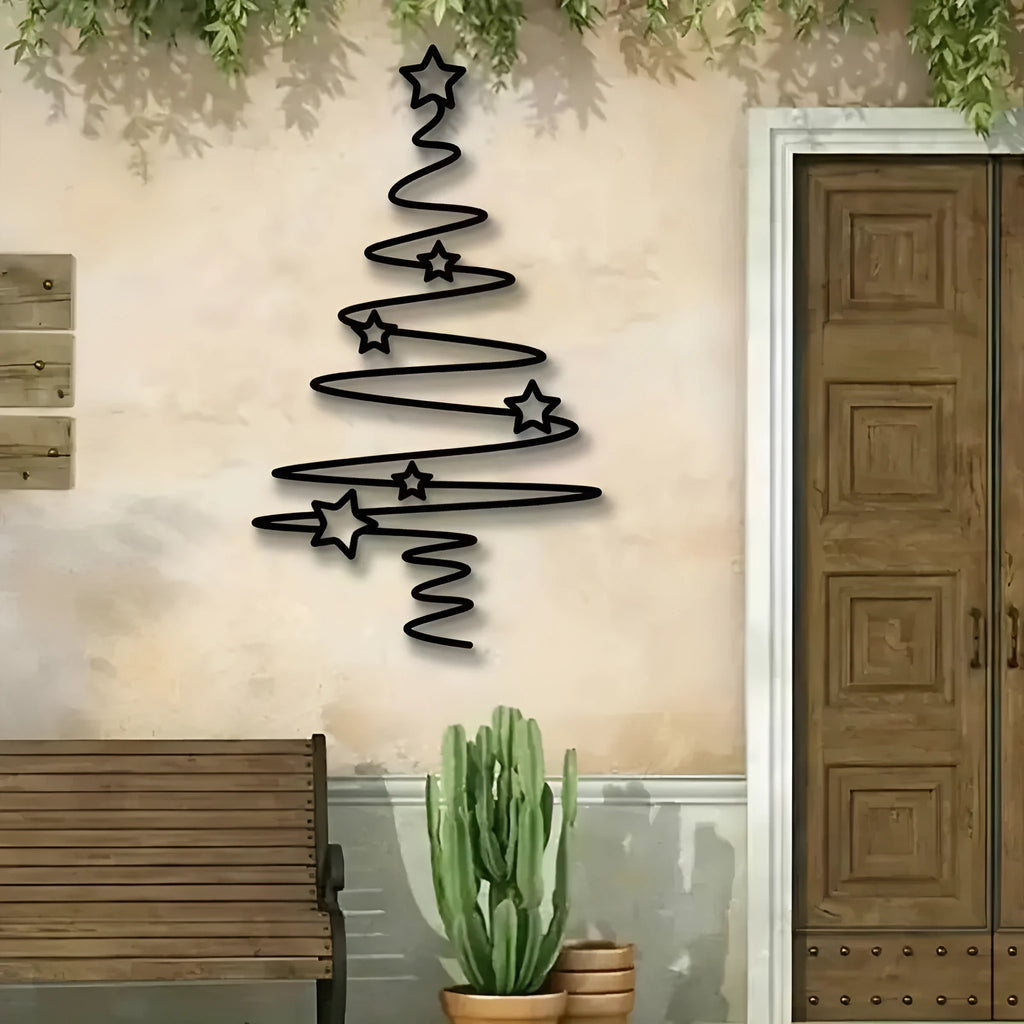 Black wrought iron Christmas tree line wall decoration, 30cm, for bedroom living room or door hanging