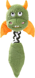Soft plush dog toy with cartoon design in black, green, or red, showing size scale.
