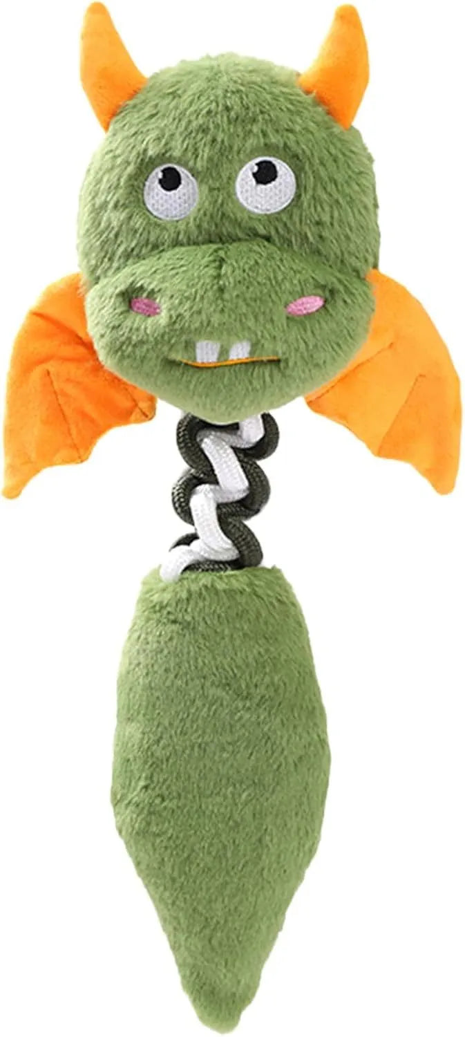 Soft plush dog toy with cartoon design in black, green, or red, showing size scale.