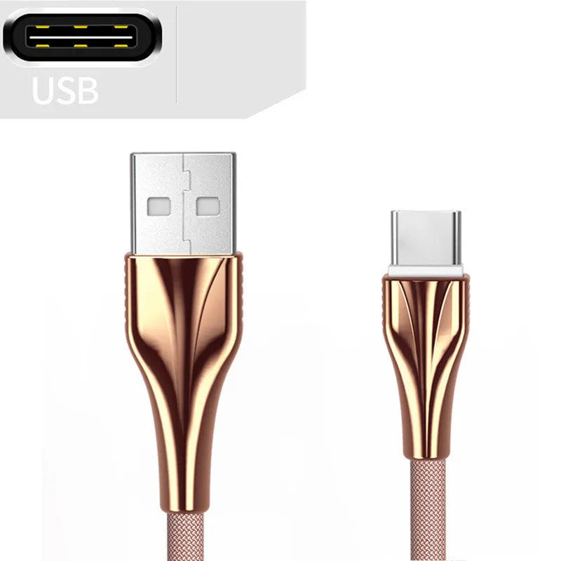 Aluminum alloy braided mobile phone data cable with three interfaces in black, silver, gold, rose gold, 1m length