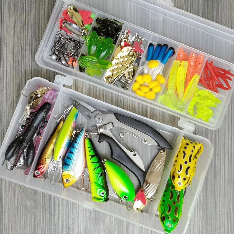 142-piece fishing lure kit containing hard minnow lures, soft plastic sequins, fishhooks, and metal pliers on a blue background.