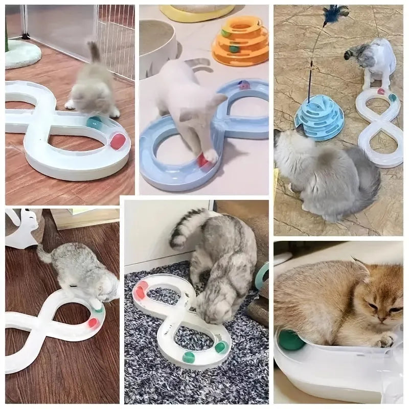 Cat toys collection showing self-hi turntable track ball and teasing cat stick for feline entertainment