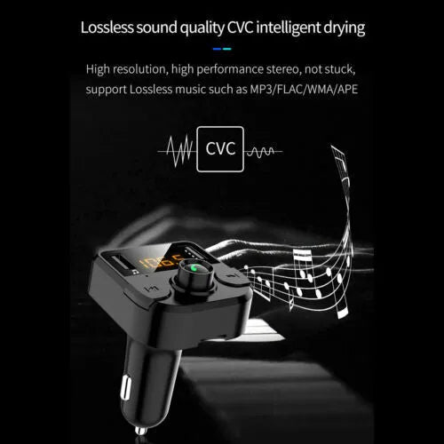 Black ABS car MP3 player Bluetooth FM transmitter with LED display and USB charging port on white background