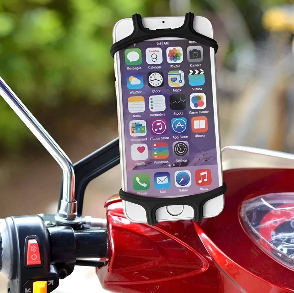 Silicone bicycle mobile phone bracket in black, mounted on handlebar, holding a smartphone vertically