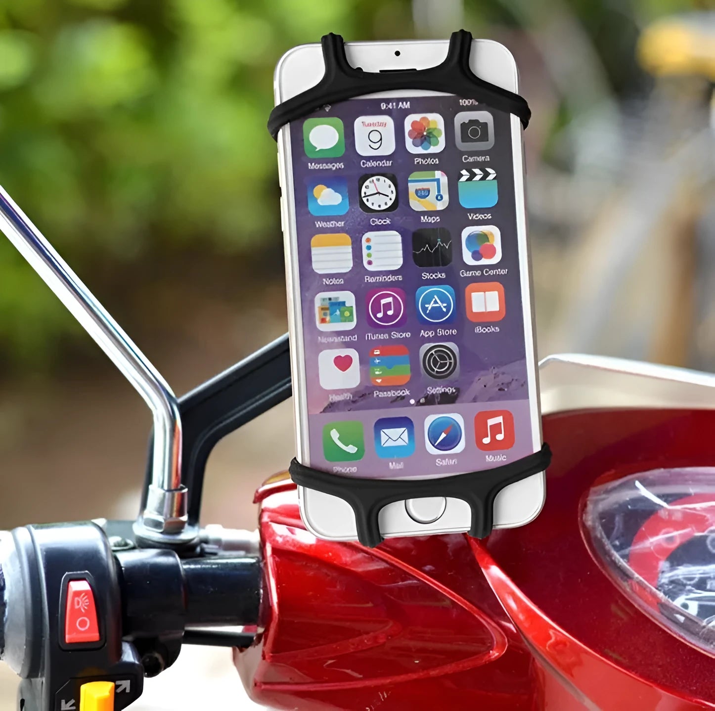Silicone bicycle mobile phone bracket in black, mounted on handlebar, holding a smartphone vertically