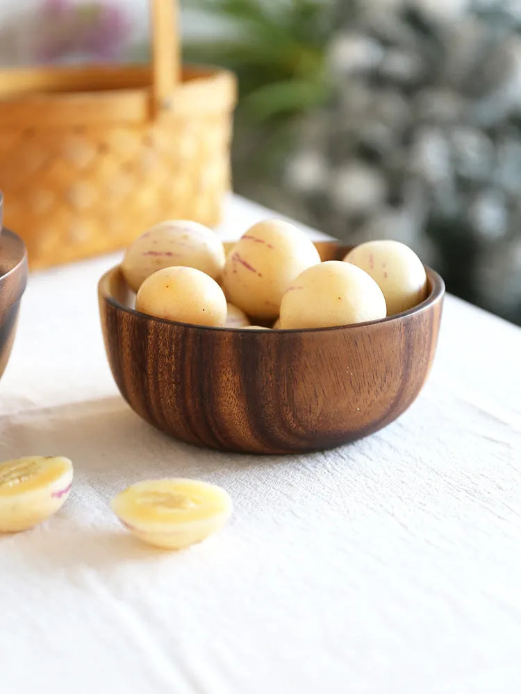 Brown handmade wooden bowl with natural wood grain and overglaze finish