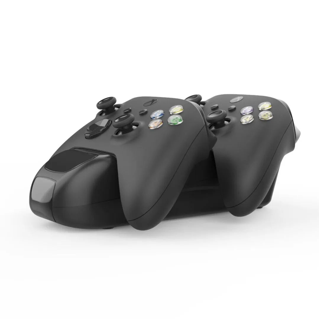 Black Xbox Series X dual controller charging station with LED lights and two battery packs