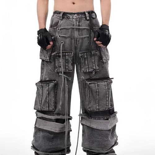 Grey distressed denim overalls with rope stitching and mop pant design