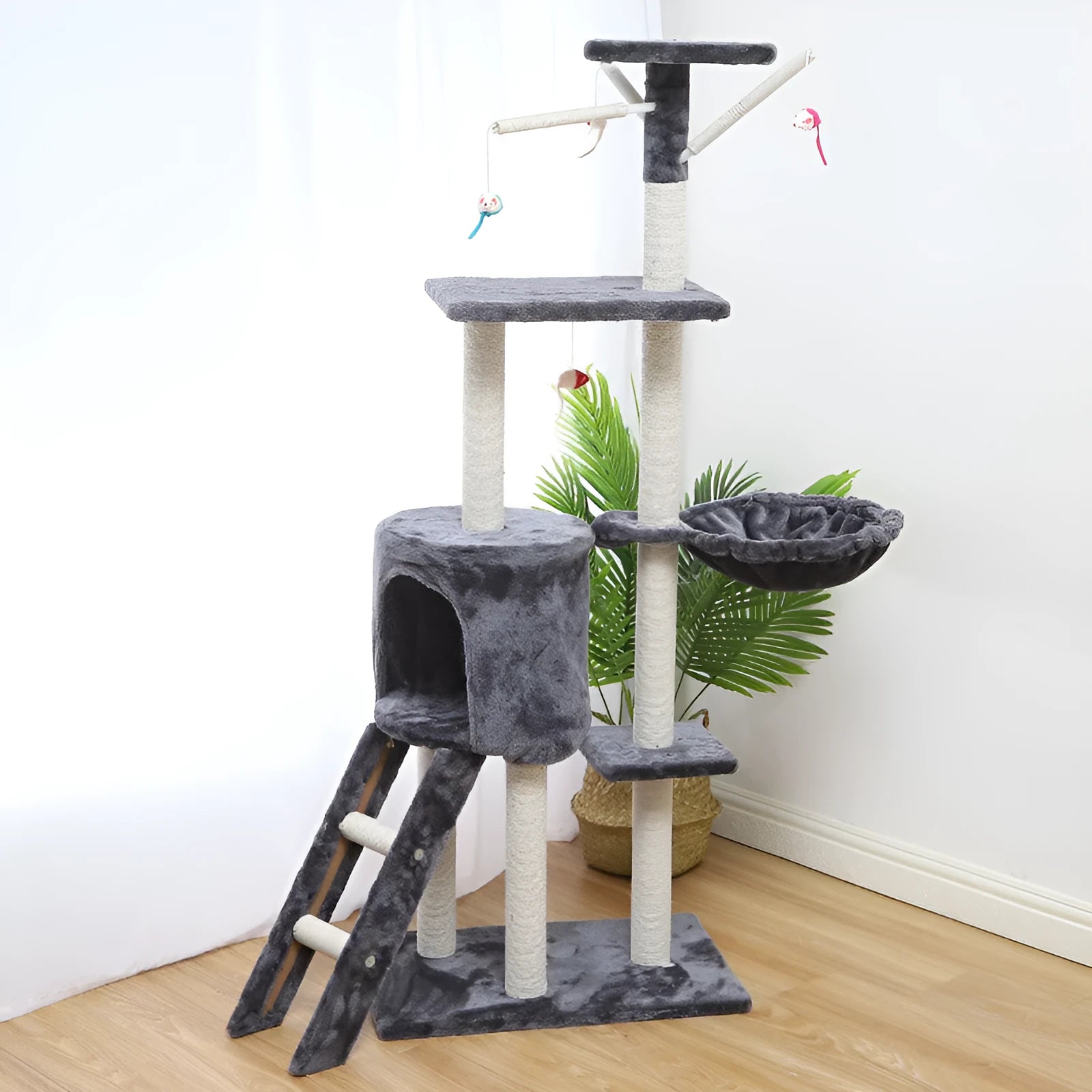 Cat climber cat house 140cm high with beige platforms and sisal scratching posts