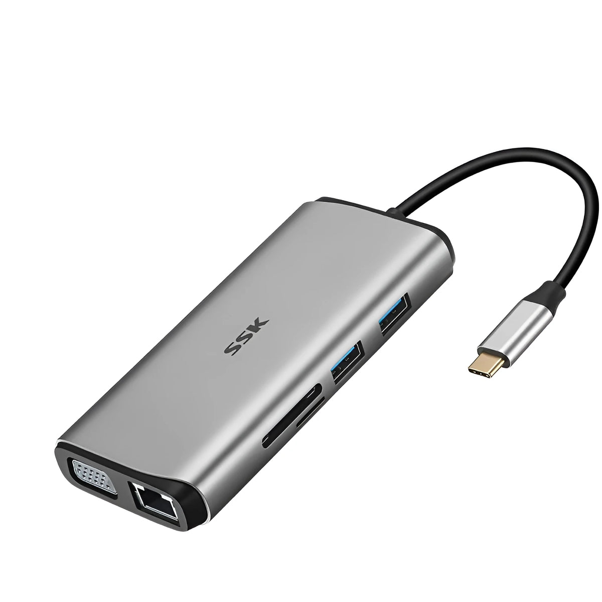 11-in-1 USB C hub adapter with HDMI VGA USB 3.0 Ethernet PD and card reader ports, metal casing