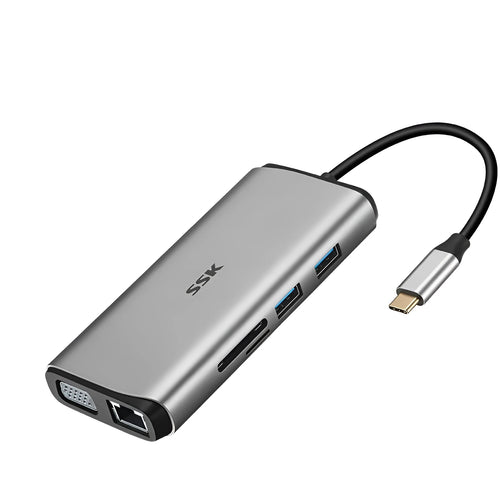 11-in-1 USB C hub adapter with HDMI VGA USB 3.0 Ethernet PD and card reader ports, metal casing
