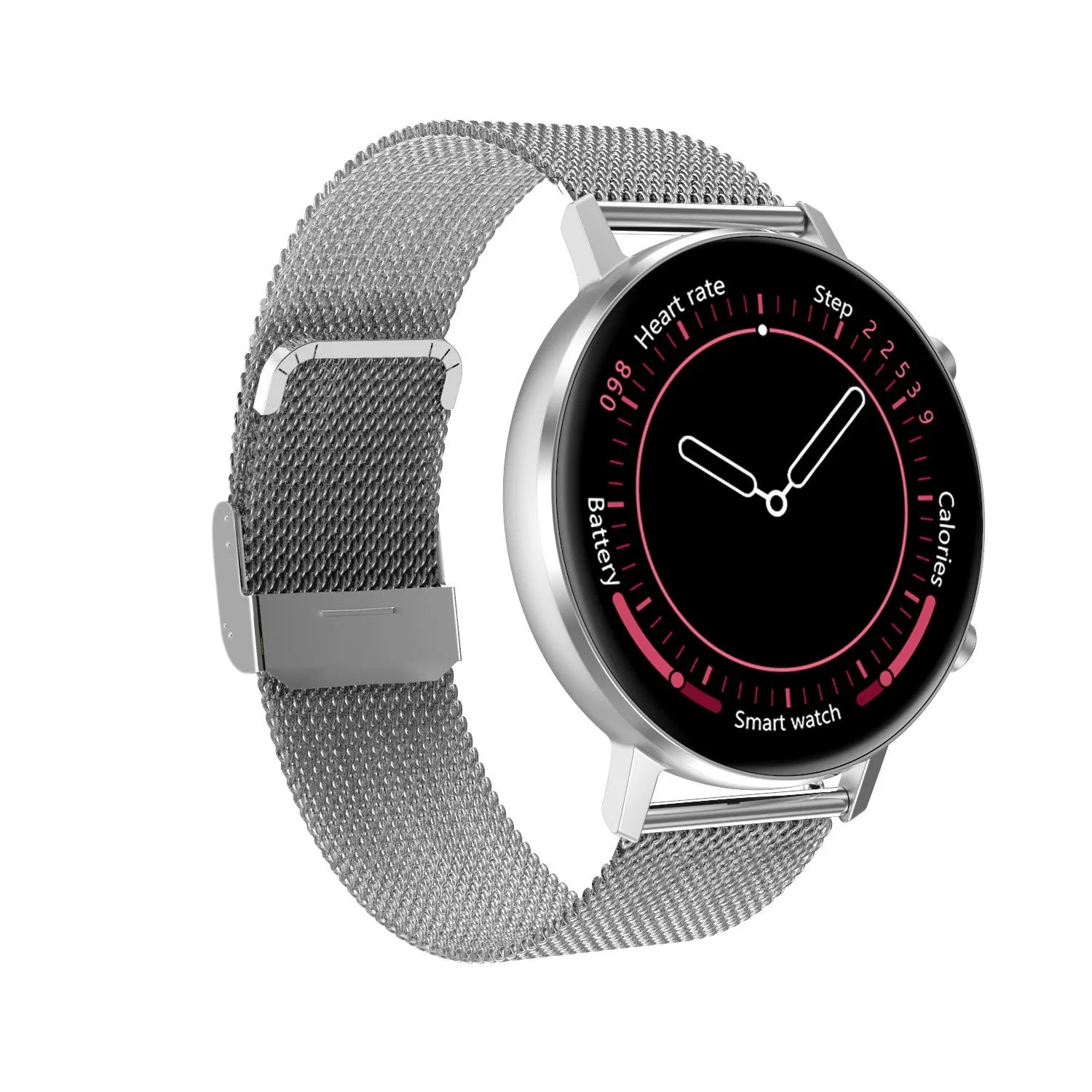 DT96 smart fitness tracker bracelet with stainless steel strap on wrist, showing 1.3-inch colour screen displaying time and heart rate