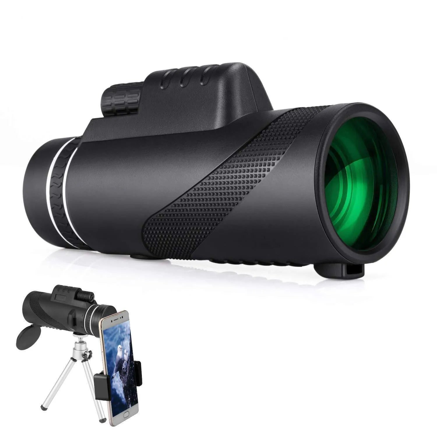 Black HD 40x60 monocular telescope for smartphones shown with lens details.