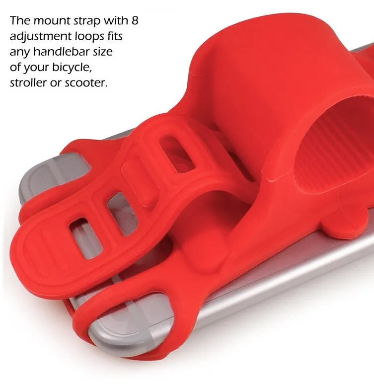 Silicone bicycle mobile phone bracket in black, mounted on handlebar, holding a smartphone vertically