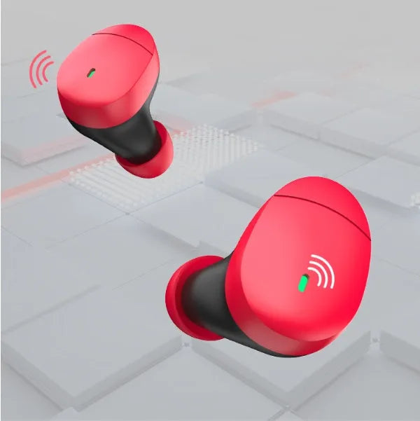 Flame red Qualcomm TWS 3040 true wireless Bluetooth earphones with charging cable.