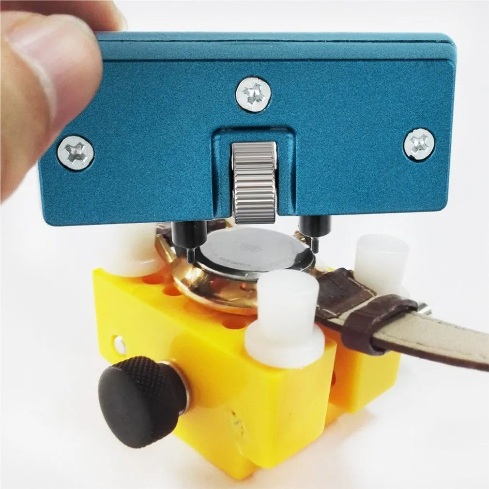 Watch repair case opener kit with plastic housing opener, yellow watch fixing base and four fixed pillars, 40 x 40 x 45mm