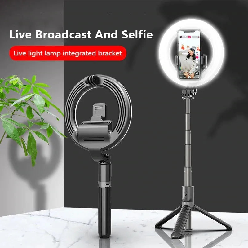 Black selfie stick tripod with 5 inch ring fill light, aluminium alloy pole, and Bluetooth remote for phones 4.0-6.2 inches