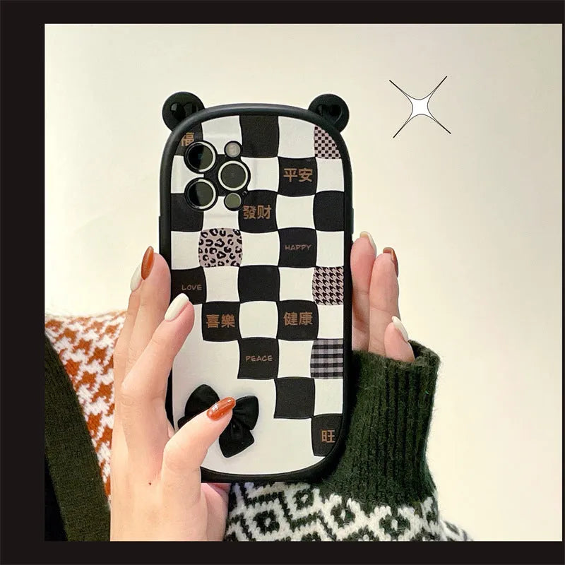 Black and white lattice bow silicone protective case for iPhone 13 12 11 XS XR