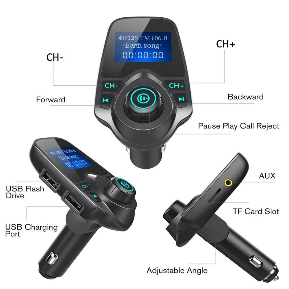 Car FM transmitter with 1.3-inch monochrome screen, AUX interface, ABS body, and 12-24V power supply